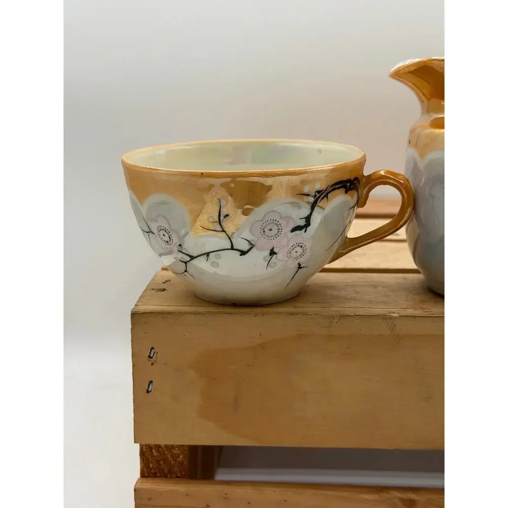 Vintage Hand-Painted Japanese Iridescent Tea Set - Pitcher and Two Cups